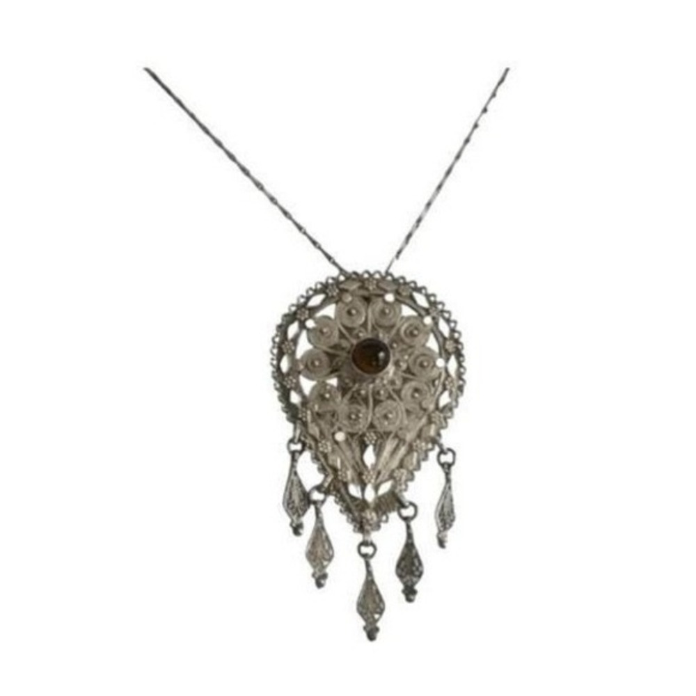 Vintage Israeli Tigers Eye 925 Sterling Silver Filigree Necklace Convertible Pen